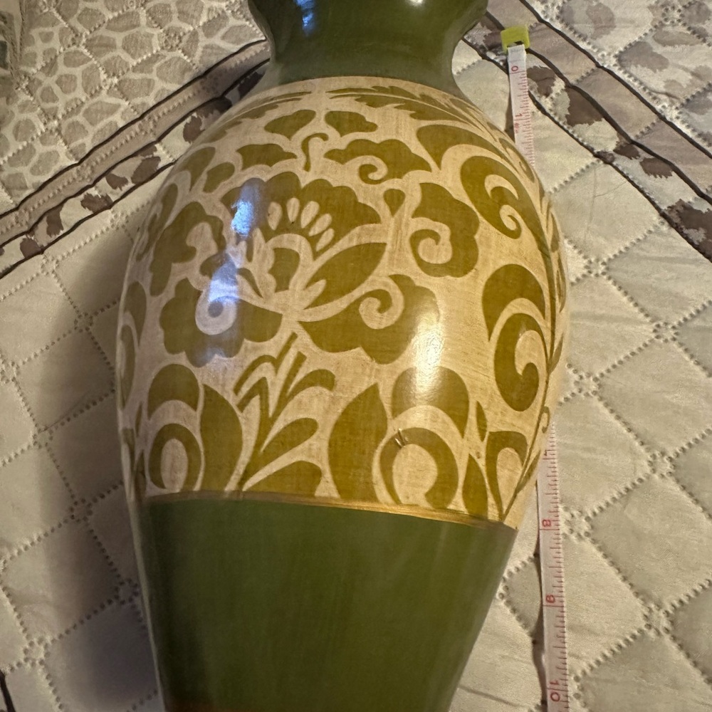 Artisan Olive and Cream Floral Vase